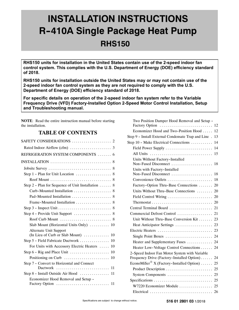 INSTALLATION INSTRUCTIONS R--410A Single Package Heat Pump INSTALLATION INSTRUCTIONS R--410A Single Package Heat Pump