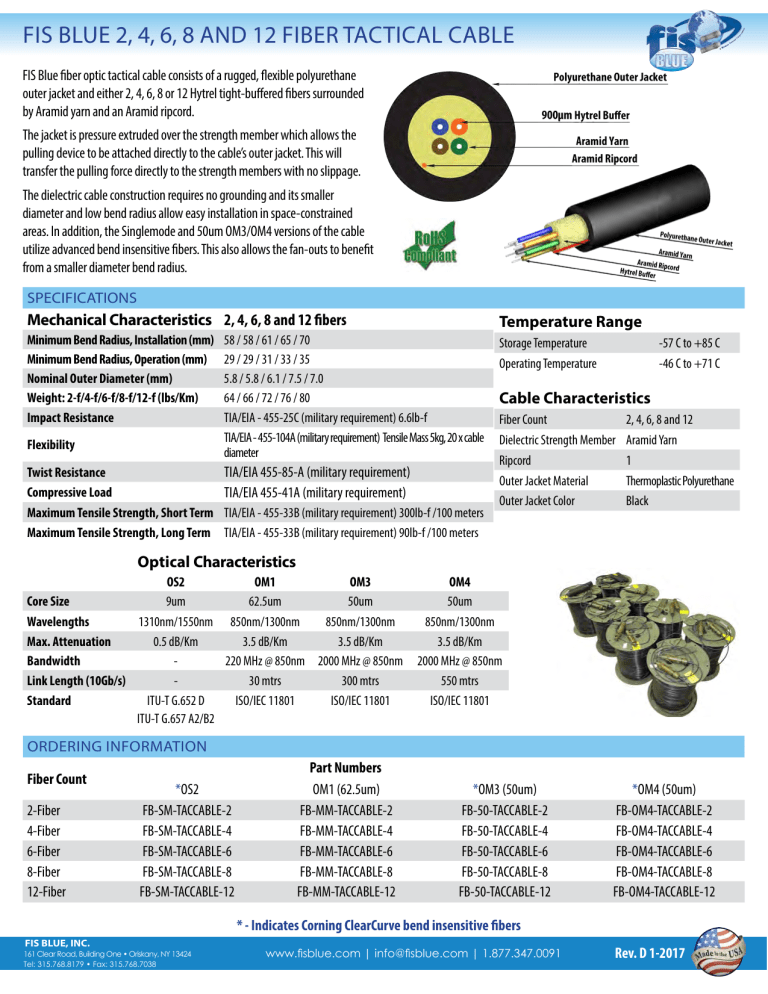 FIS Blue Tactical Cable 2-12 Fiber FIS Blue Tactical Cable 2-12 Fiber
