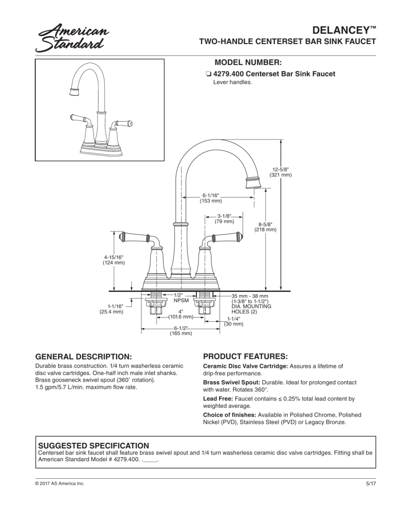 American Standard 4279400.278, 4279400.002, 4279400.075 Specification American Standard 4279400.278, 4279400.002, 4279400.075 Specification
