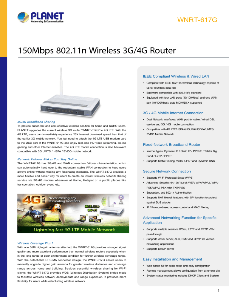 150Mbps 802.11n Wireless 3G/4G Router 150Mbps 802.11n Wireless 3G/4G Router