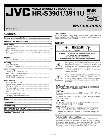 JVC HR-S3911U Videocassette Recorder Owner's Manual | Manualzz JVC HR-S3911U Videocassette Recorder Owner's Manual | Manualzz