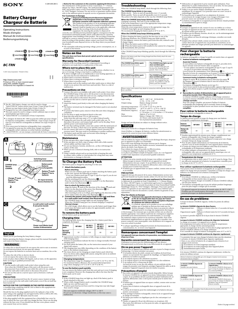 Sony BC-TRN Owner's manual Sony BC-TRN Owner's manual