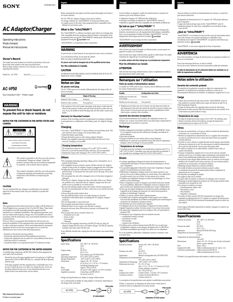 Sony AC-VF50 Operating instructions Sony AC-VF50 Operating instructions
