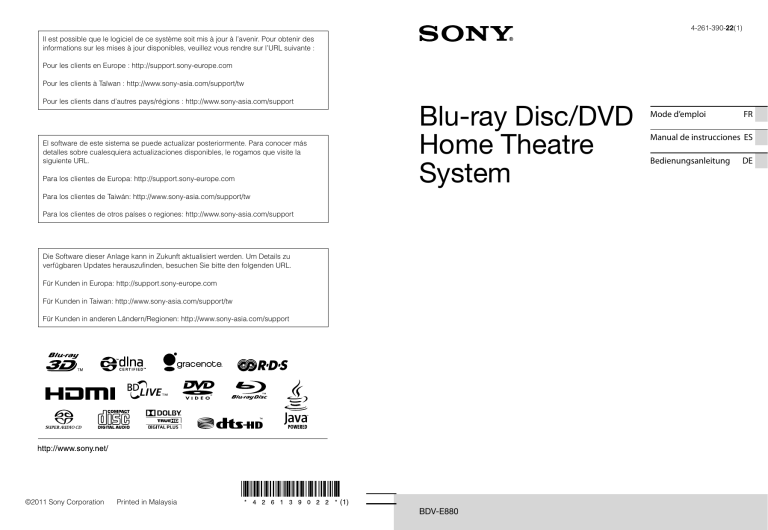 Sony BDV-E880 Owner's manual Sony BDV-E880 Owner's manual