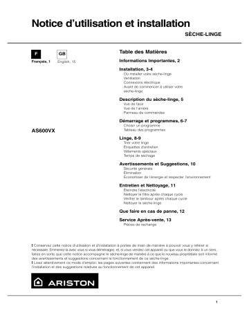 Indesit AS 600 VX (FR) Instruction for Use | Manualzz Indesit AS 600 VX (FR) Instruction for Use | Manualzz