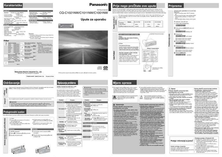 Panasonic CQC1011NW, CQC1001NW, CQC1021NW Operating instructions Panasonic CQC1011NW, CQC1001NW, CQC1021NW Operating instructions
