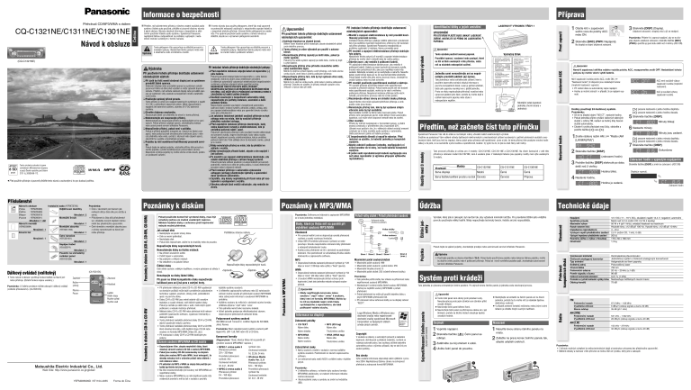 Panasonic CQC1301NE, CQC1311NE, CQC1321NE Operating instructions Panasonic CQC1301NE, CQC1311NE, CQC1321NE Operating instructions