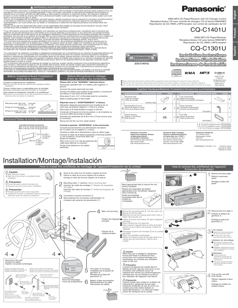 Panasonic CQC1301U, CQC1401U Operating instructions Panasonic CQC1301U, CQC1401U Operating instructions