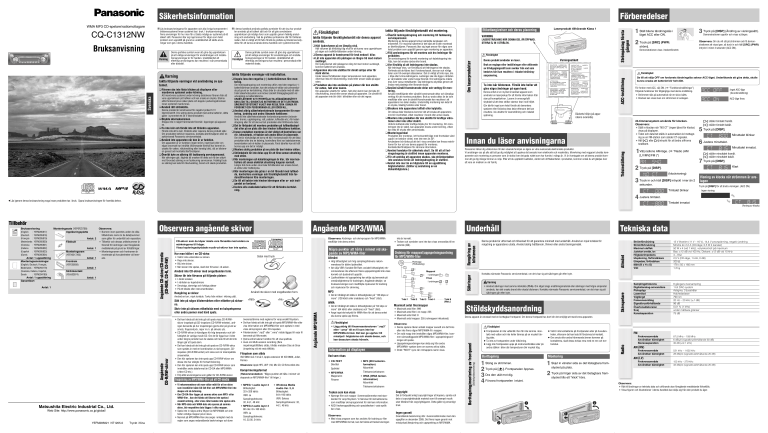 Panasonic CQC1312NW Operating instructions Panasonic CQC1312NW Operating instructions