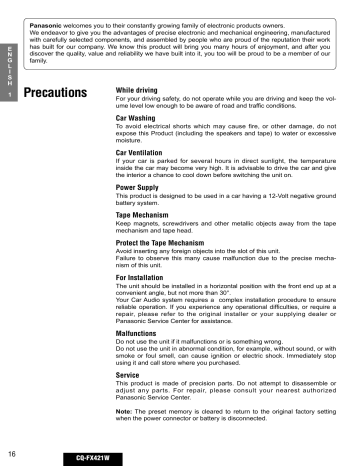 Panasonic CQFX421W Operating instructions Panasonic CQFX421W Operating instructions