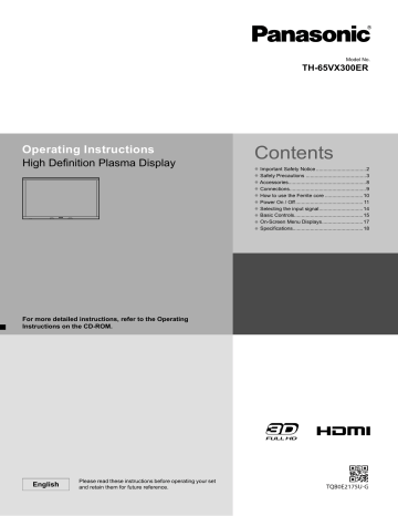 Panasonic TH65VX300ER Quick start guide Panasonic TH65VX300ER Quick start guide