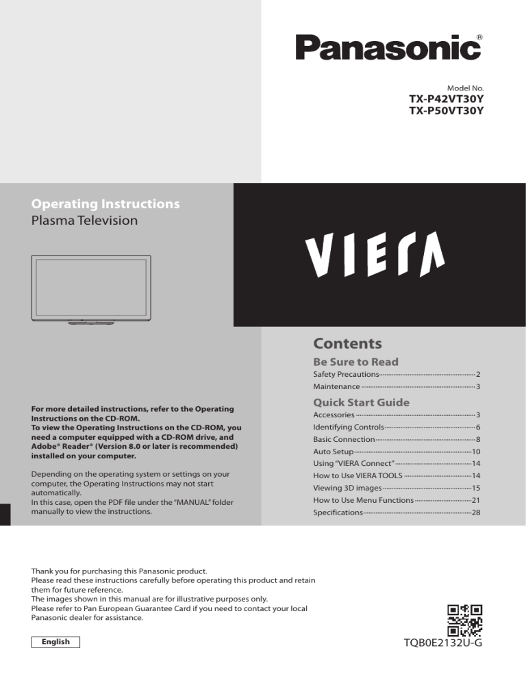 Panasonic TXP50VT30Y, TXP42VT30Y Quick start guide Panasonic TXP50VT30Y, TXP42VT30Y Quick start guide