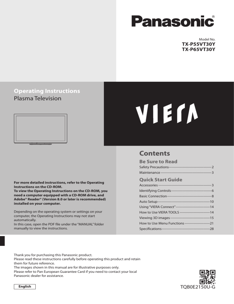 Panasonic TXP65VT30Y, TXP55VT30Y Quick start guide Panasonic TXP65VT30Y, TXP55VT30Y Quick start guide