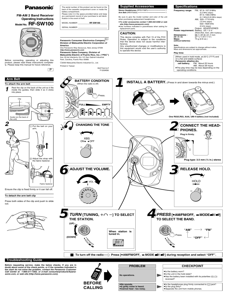 Panasonic RFSW100 Operating instructions Panasonic RFSW100 Operating instructions