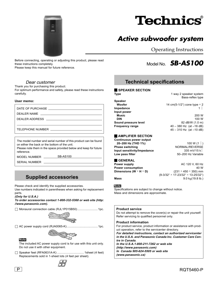 Panasonic SBAS100 Operating instructions Panasonic SBAS100 Operating instructions