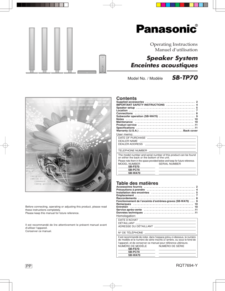 Panasonic SBTP70 Operating instructions Panasonic SBTP70 Operating instructions