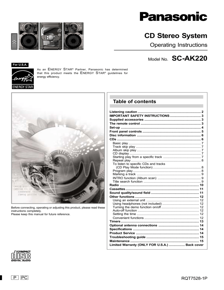 Panasonic SCAK220, SAAK220 - MINI HES W/CD PLAYER, SB-AK220, SC-AK220S Operating instructions Panasonic SCAK220, SAAK220 - MINI HES W/CD PLAYER, SB-AK220, SC-AK220S Operating instructions