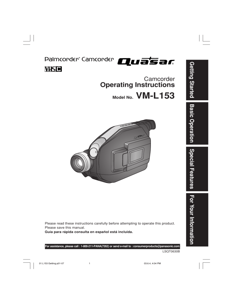 Panasonic VML153 Operating instructions Panasonic VML153 Operating instructions