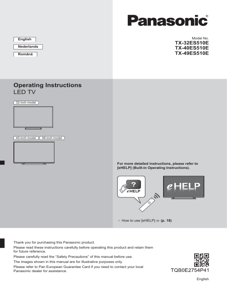 Panasonic TX40ES510E, TX49ES510E, TX32ES510E Quick start guide Panasonic TX40ES510E, TX49ES510E, TX32ES510E Quick start guide