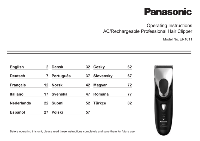 Panasonic ER1611 Operating instructions Panasonic ER1611 Operating instructions
