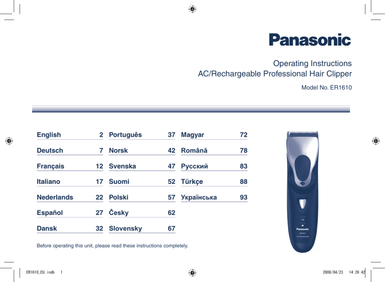 Panasonic ER1610 Operating instructions Panasonic ER1610 Operating instructions