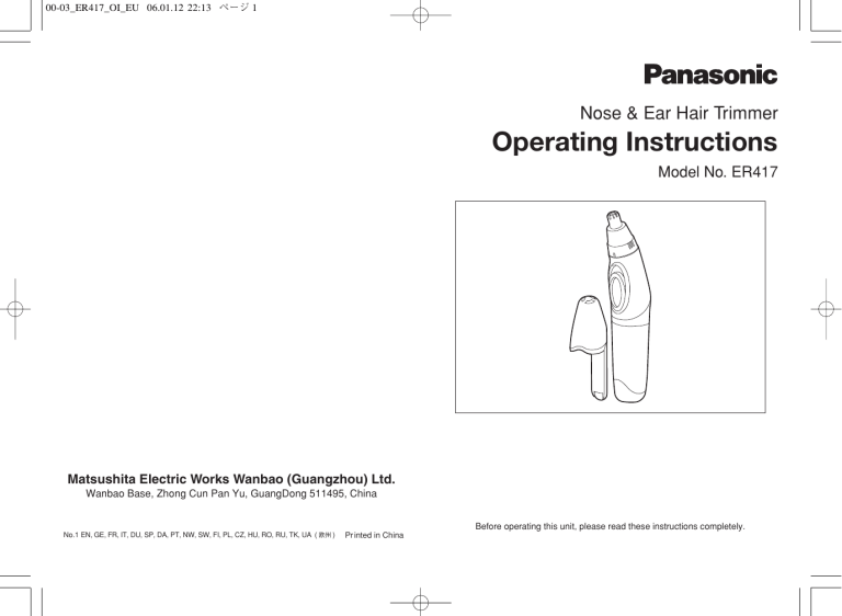 Panasonic ER417 Operating instructions Panasonic ER417 Operating instructions