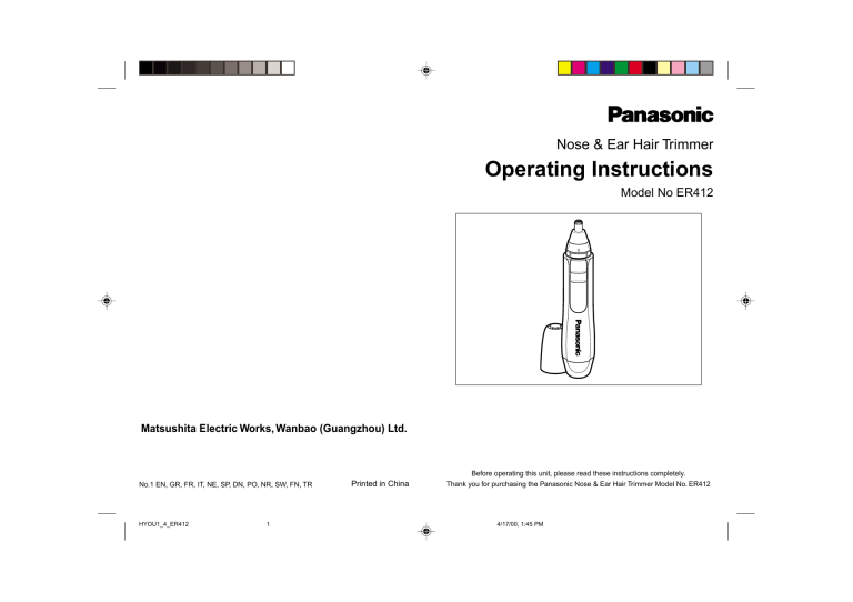 Panasonic ER412 Operating instructions Panasonic ER412 Operating instructions