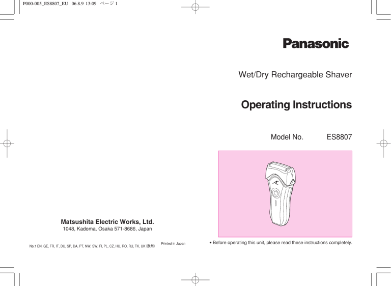 Panasonic ES8807 Operating instructions Panasonic ES8807 Operating instructions