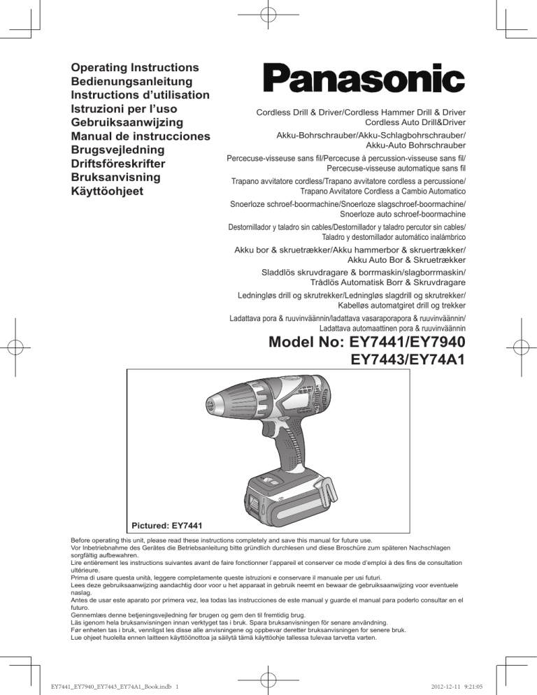 Panasonic EY7443, EY7940, EY7441, EY74A1 Operating instructions Panasonic EY7443, EY7940, EY7441, EY74A1 Operating instructions