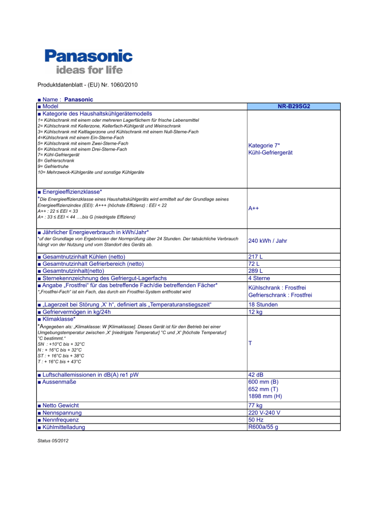Panasonic NRB29SG2 Product information Panasonic NRB29SG2 Product information