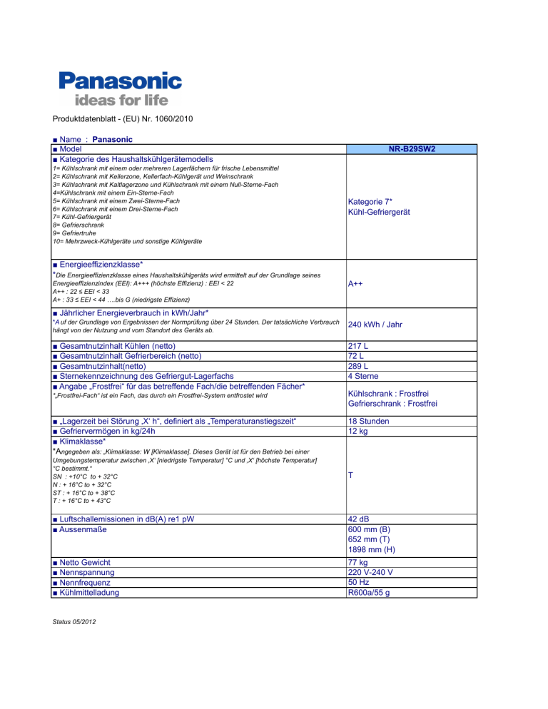 Panasonic NRB29SW2 Product information Panasonic NRB29SW2 Product information