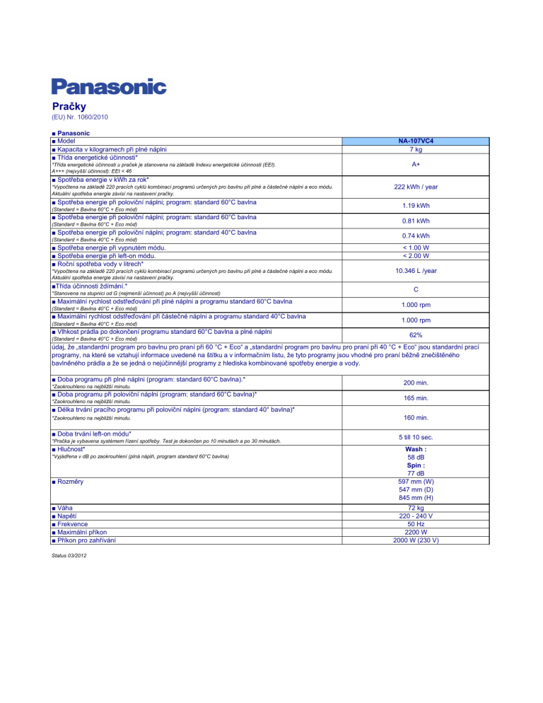 Panasonic NA107VC4 Product information Panasonic NA107VC4 Product information