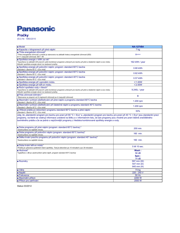 Panasonic NA127VB4 Product information Panasonic NA127VB4 Product information