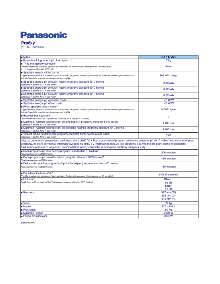 Panasonic NA147VB4 Product information Panasonic NA147VB4 Product information
