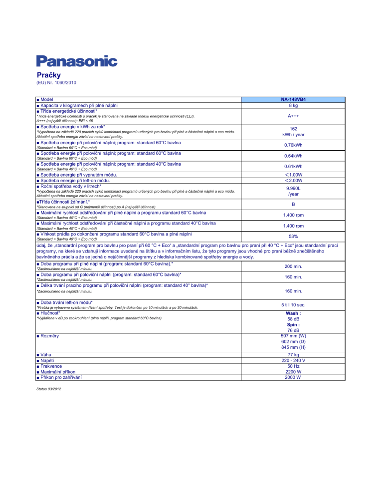 Panasonic NA148VB4 Product information Panasonic NA148VB4 Product information