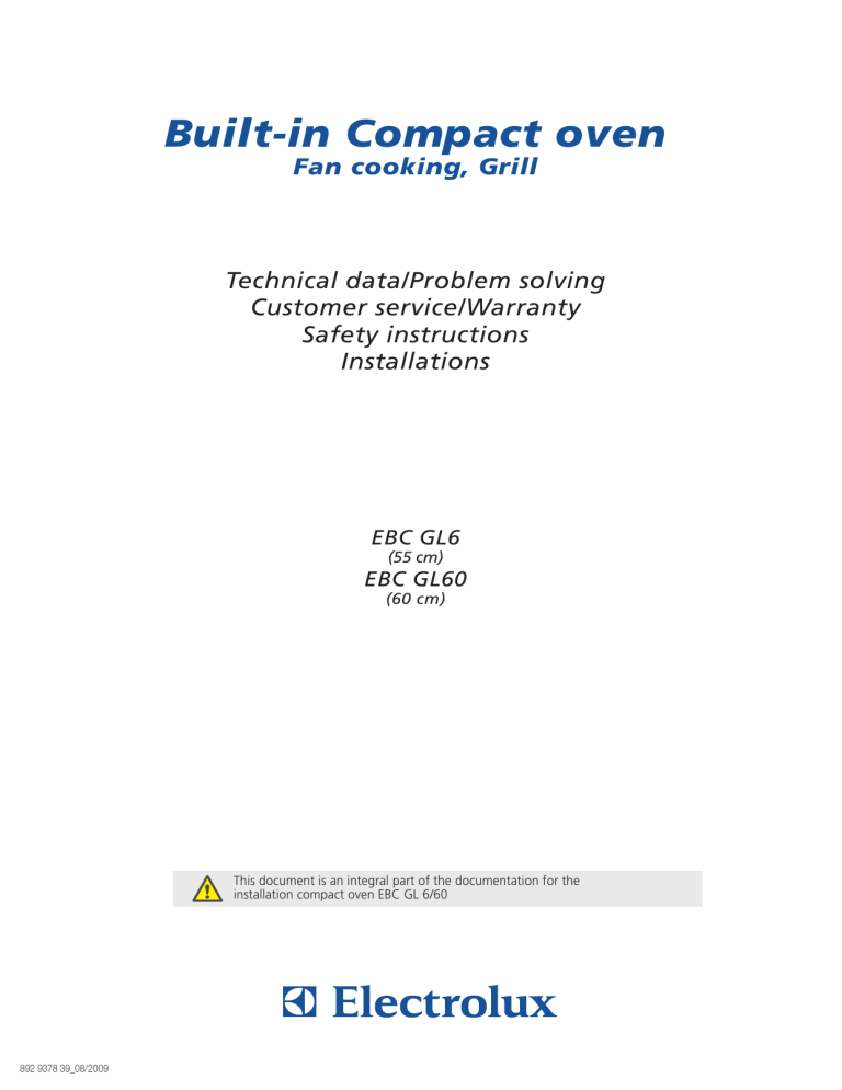 Aeg-Electrolux EBCGL6WE, EBCGL60WE, EBCGL6CN, EBCGL6SP, EBCGL60CN, EBCGL60SP Installation guide Aeg-Electrolux EBCGL6WE, EBCGL60WE, EBCGL6CN, EBCGL6SP, EBCGL60CN, EBCGL60SP Installation guide