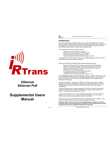 IRTrans Ethernet PoE Supplemental User's Manual | Manualzz IRTrans Ethernet PoE Supplemental User's Manual | Manualzz