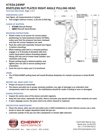 Cherry Aerospace H753A 249NP Rivetless Nut Plate Right Angle Pulling