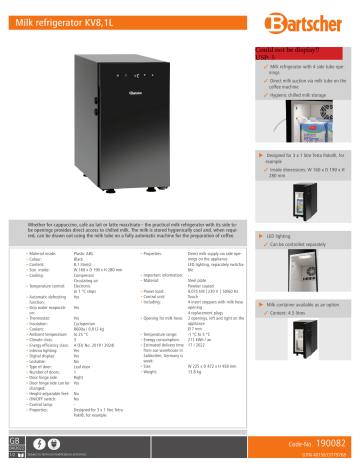 Bartscher 190082 Milk refrigerator KV8,1L Data sheet | Manualzz Bartscher 190082 Milk refrigerator KV8,1L Data sheet | Manualzz