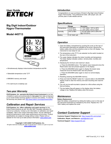 Extech Big Digit Indoor Outdoor Hygro Thermometer User Guide