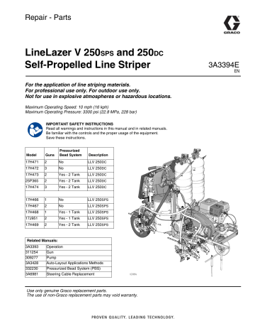 Graco 3A3394E, LineLazer V 250SPS and 250DC, Line Striper, Repair/Parts Owner's Manual | Manualzz Graco 3A3394E, LineLazer V 250SPS and 250DC, Line Striper, Repair/Parts Owner's Manual | Manualzz