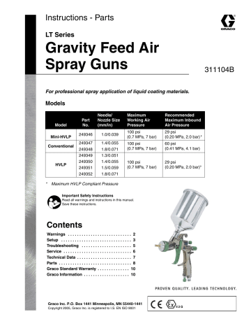 Graco 311104B, LT Series Gravity Feed Air Spray Guns, U.S. Owner's Manual | Manualzz Graco 311104B, LT Series Gravity Feed Air Spray Guns, U.S. Owner's Manual | Manualzz