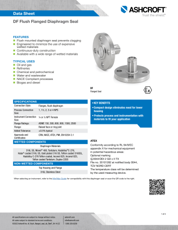 Ashcroft DF Flush Flanged Diaphragm Seal Datasheet Manualzz