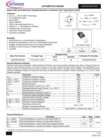 Infineon Auirgps D Igbt Discrete Data Sheet Manualzz