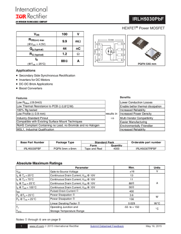 Infineon IRLH5030 MOSFET Data Sheet Manualzz