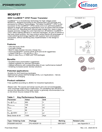 Infineon IPDD60R105CFD7 MOSFET Data Sheet Manualzz