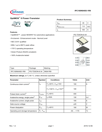 Infineon IPC100N04S5 1R9 MOSFET Data Sheet Manualzz