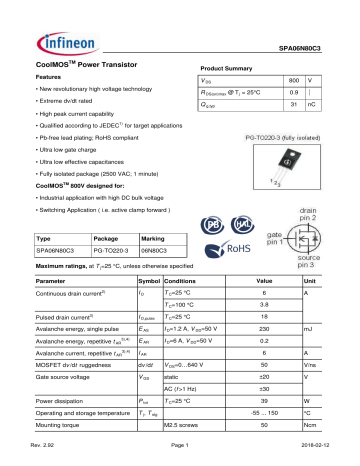 Infineon SPA06N80C3 MOSFET Data Sheet Manualzz