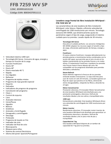 Whirlpool Ffb Wv Sp Washing Machine Product Data Sheet Manualzz