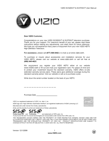Vizio SV370XVT LCD Television User manual | Manualzz Vizio SV370XVT LCD Television User manual | Manualzz